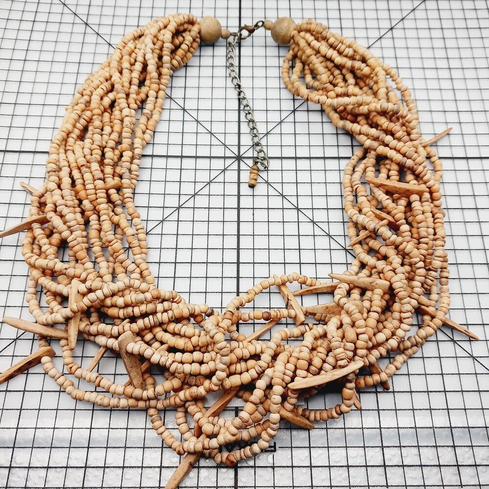 Necklace VTG Wooden Seed Beads Bib Statement Tribal Boho Resort Y2K Collar 1990s